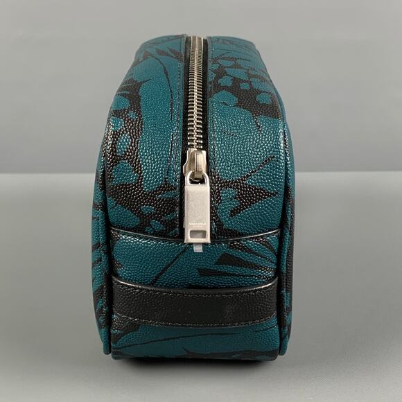 SAINT LAURENT Blue Black Leaves Canvas Toiletry Handbag - Picture 2 of 9